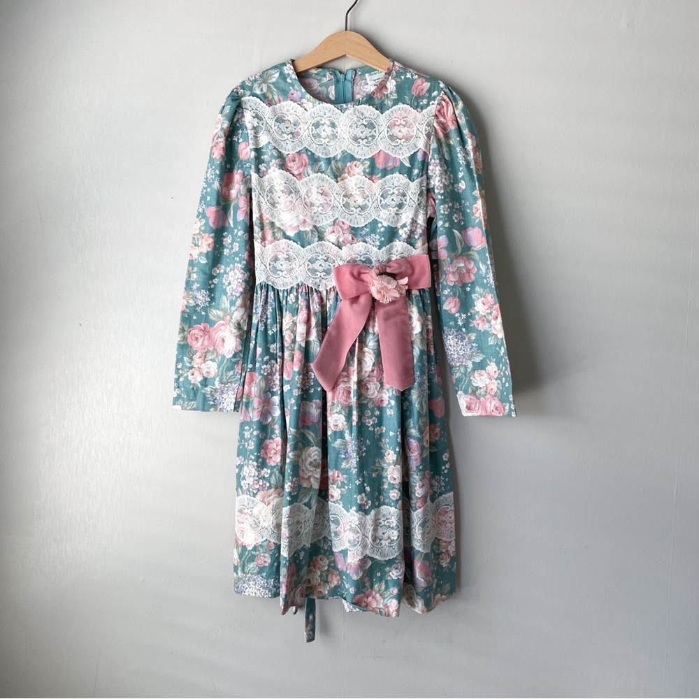 Vintage Rare Editions Floral Print Lace Bow Cotton Long Sleeve Dress 10